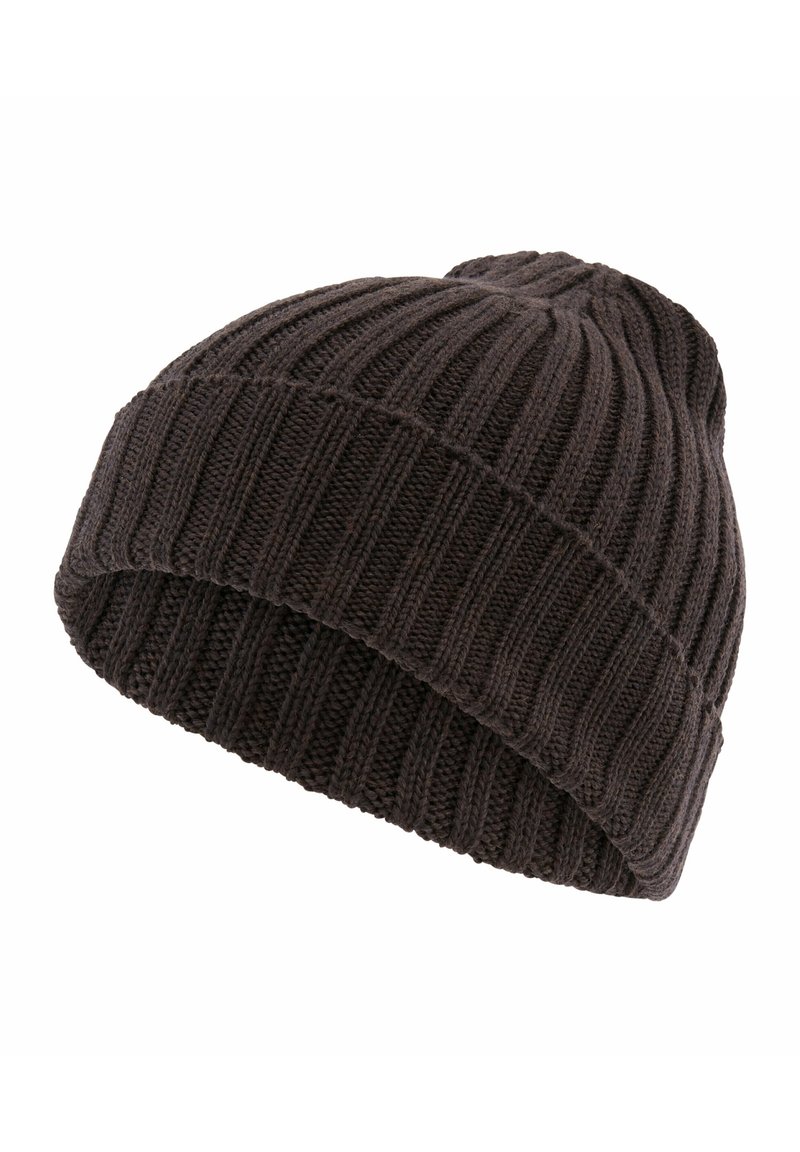 Berretto lavorato a maglia marrone con una texture a coste, caratterizzato da un risvolto nella parte inferiore e una parte superiore arrotondata, realizzato in materiale morbido e caldo.