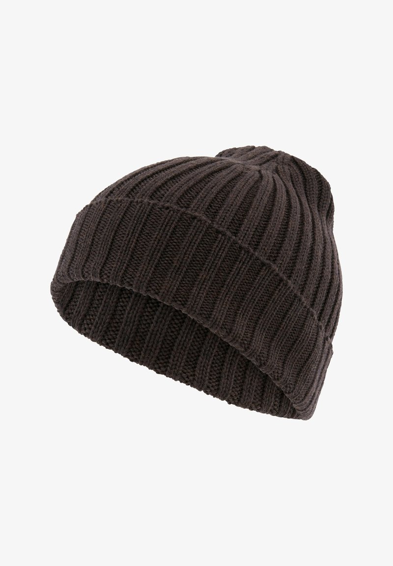 Berretto lavorato a maglia marrone con una texture a coste, caratterizzato da un risvolto nella parte inferiore e una parte superiore arrotondata, realizzato in materiale morbido e caldo.