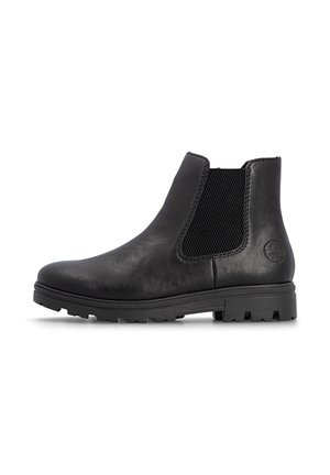 Bottine en cuir noir avec panneau latéral élastique, semelle basse et épaisse, et logo circulaire discret près du talon.