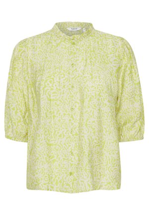 Zaļa un balta blūze ar mandarinrāvē, īsām pūkainām piedurknēm un abstraktu rakstu; satur priekšējo pogu aizdari.