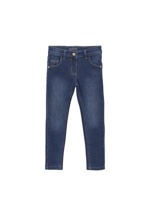 Jeans in denim blu scuro con un design slim fit, che presentano cinque tasche, cuciture gialle e una chiusura con bottone metallico in vita.