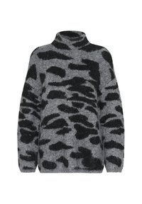 Pleteni pulover s turtleneck ovratnikom v sivi in črni barvi, ki se ponaša z mehko teksturo, drzno abstraktno podobo in sproščenim krojem.