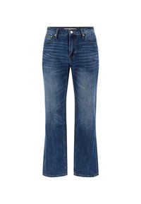 Denim-Jeans in einer mittleren blauen Waschung, mit geradem Beinausschnitt, Fünf-Taschen-Design, Reißverschluss mit Knopfverschluss und dezenten Waschungseffekten.