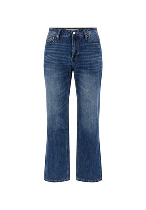 Jeans in denim con un lavaggio blu medio, caratterizzati da un taglio dritto, design a cinque tasche, chiusura con zip e bottone e dettagli di sfumatura leggera.