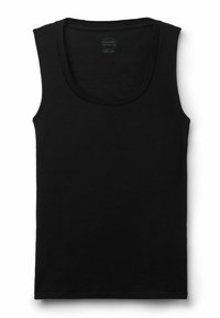 Schwarzes ärmelloses Tanktop aus 100 % Viskose. Verfügt über einen tiefen Ausschnitt und eine glatte, weiche Textur mit geradem Saum.