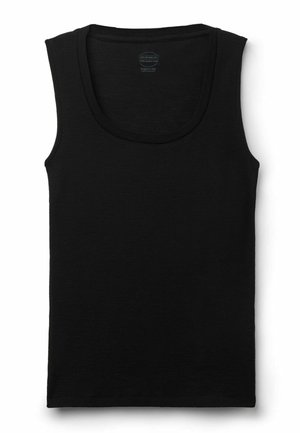 Schwarzes ärmelloses Tanktop aus 100 % Viskose. Verfügt über einen tiefen Ausschnitt und eine glatte, weiche Textur mit geradem Saum.
