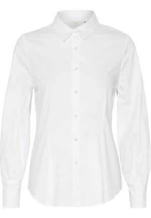 Blusa blanca de manga larga con cuello clásico, cierre frontal de botones y mangas fruncidas con puños elásticos. Textura de tela suave y fresca.