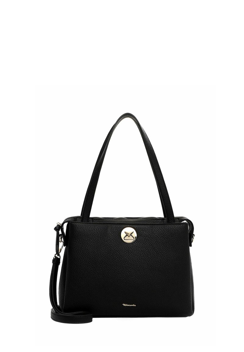 Una borsa a mano in pelle nera con chiusura a zip, due manici superiori e una tracolla regolabile. L'hardware dorato aggiunge un accento notevole.