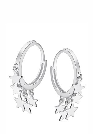 Boucles d'oreilles en argent en forme de hoop, ornées de cinq charms en forme d'étoile pendants, finition polie, forme semi-circulaire et fermeture à cliquet sécurisée.