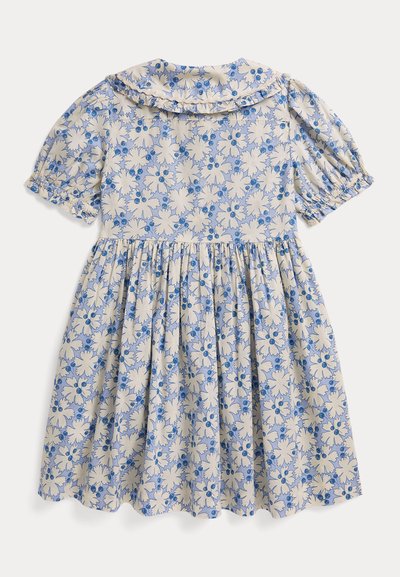 Lyseblå og hvit kortermet blomsterkjole med volangkrage og rynket skjørt, med elastiske ermekanter.