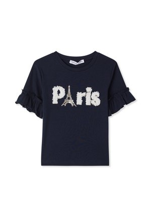 Granatowy t-shirt z falbanami na rękawach, z napisem "Paris" w puszystych białych literach oraz grafiką Wieży Eiffla wkomponowaną w tekst.