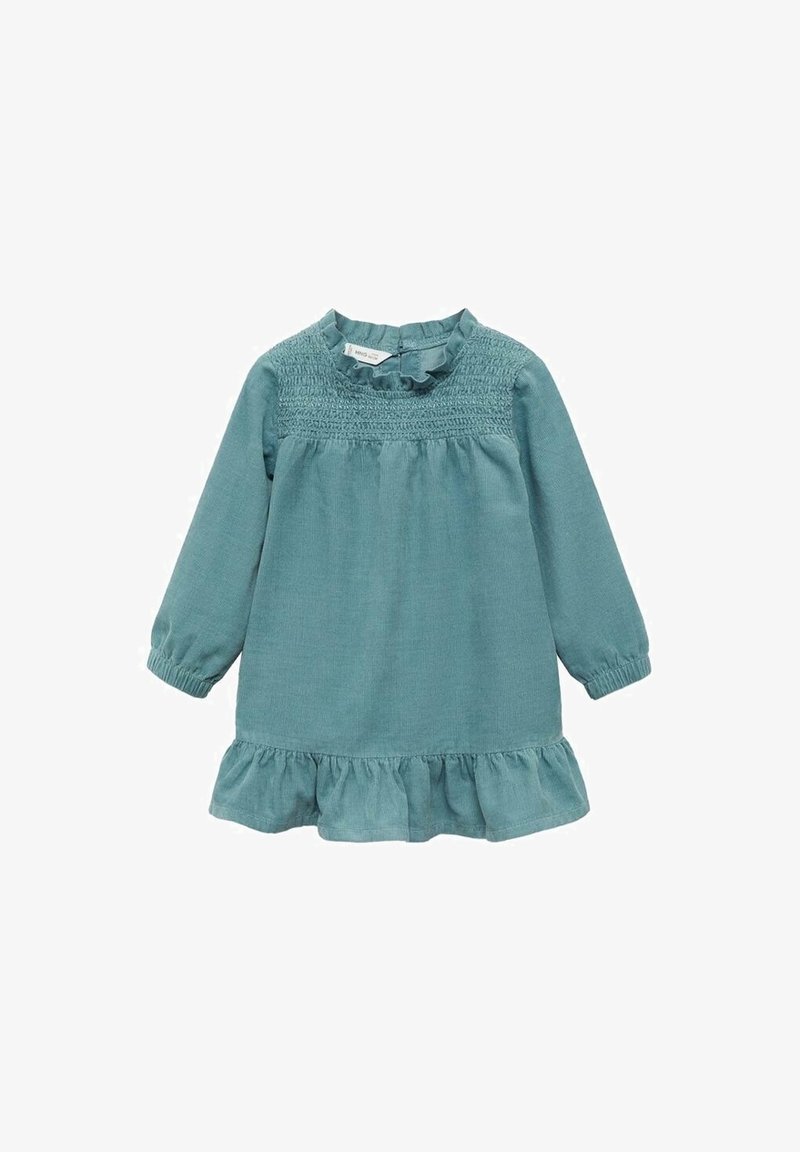 Robe bleu sarcelle à manches longues pour tout-petit, avec corsage smocké, col à volants, poignets élastiques et ourlet volanté.