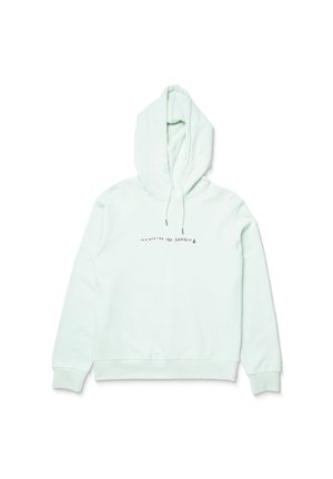 Mintgroene hoodie gemaakt van zachte stof, met een voorkantzak, een capuchon met trekkoord en de tekst "KIJKEN NAAR DE ZONSONDERGANG" in paars.