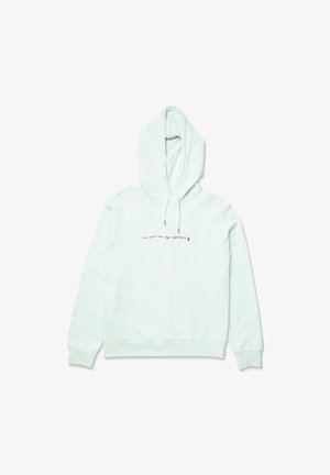 Hoodie vert menthe en tissu doux, avec une poche avant, capuche à cordon et texte « REGARDER LE SOLEIL SE COUCHER » en violet.