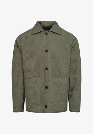 Quilted olive-green jacket with a collar, black buttons, two front pockets, and a textured pattern. Suitable for layering and casual wear.