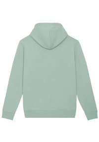 Felpa verde menta chiaro a maniche lunghe vista da dietro, con cappuccio e polsini e orlo a coste.