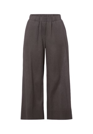 Pantalon gris foncé à jambes larges avec taille élastique et plis devant, confectionné en tissu léger.