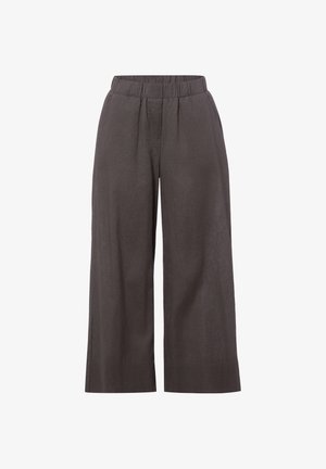 Pantalon gris foncé à jambes larges avec taille élastique et plis devant, confectionné en tissu léger.