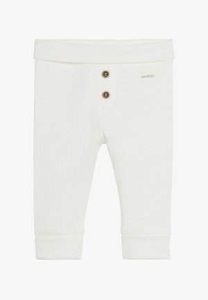 Witte katoenen peuterbroekjes met een rekbare tailleband, voorzien van twee bruine knopen en opgerolde zoom. Merklabel aan de voorkant genaaid.
