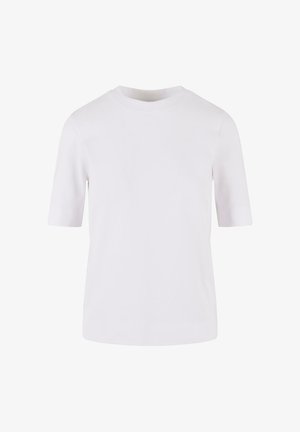 Baltas trumpas rankovėmis marškinėliai, pagaminti iš lygaus medvilnės. Yra apvaliu iškirpimu ir tiesiu sijonu, be raštų ar dekoracijų.