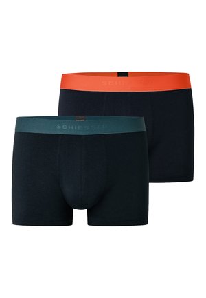 Black boxer shorts with contrasting elastic waistbands; one in orange and the other in teal; dual pack with a smooth fabric finish.