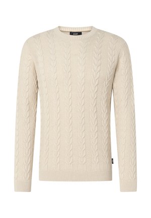 Cremefarbener Strickpullover mit langen Ärmeln, Rundhalsausschnitt sowie gerippten Bündchen und Saum, mit Markenschild JOOP.