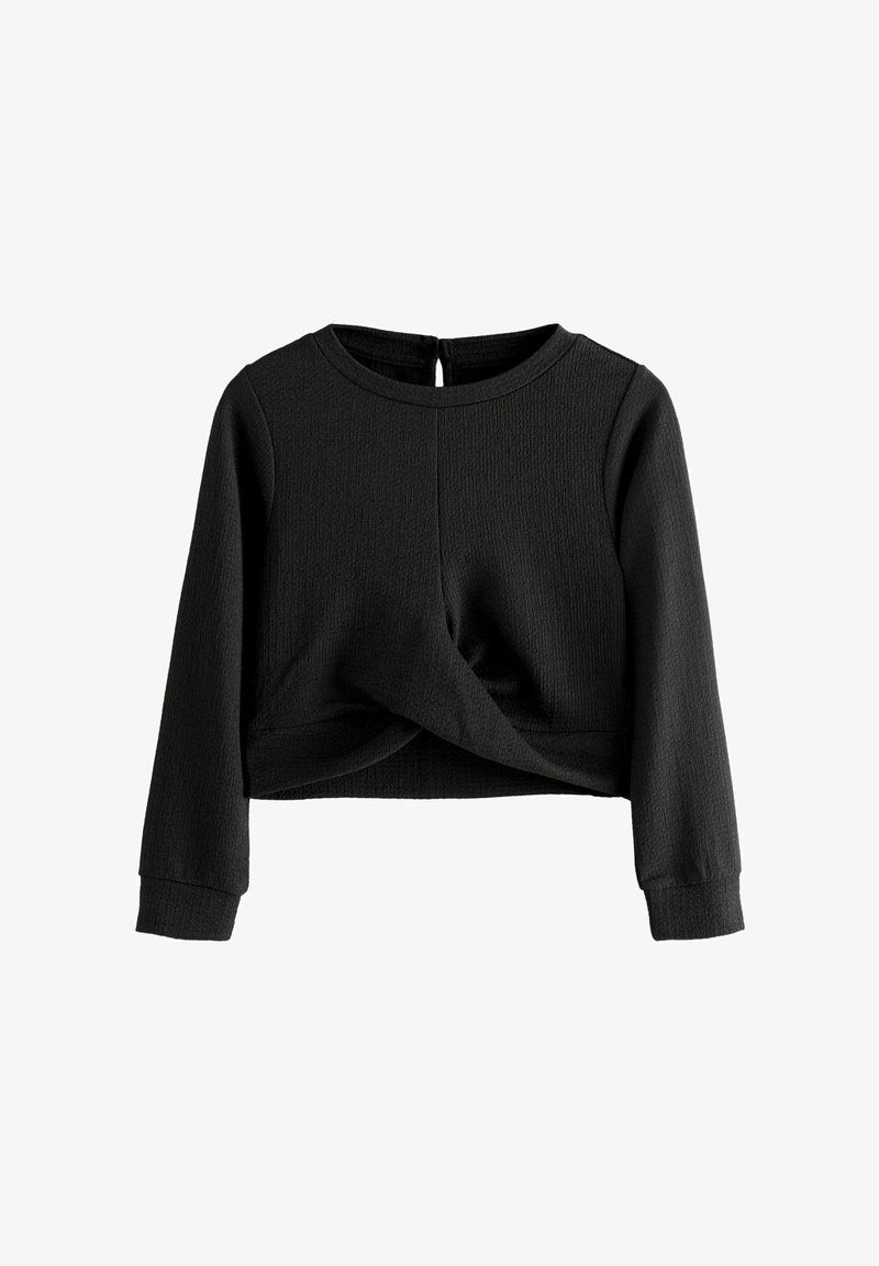 Sweat-shirt noir court en tissu texturé. Il possède un col rond, des manches longues et un détail avant torsadé. Ouverture en forme de clé dans le dos.
