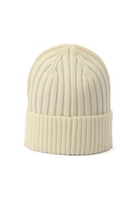 Gestrickte cremefarbene Mütze mit senkrechtem Rippmuster, die einen umgeschlagenen Saum und eine abgerundete Oberseite hat. Weiches, kuscheliges Garnmaterial.