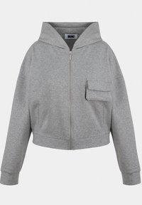 Szara krótkotrwała bluza z kapturem, wykonana z miękkiego materiału, z zamkiem błyskawicznym z przodu, małą kieszonką oraz pojemnym kapturem.