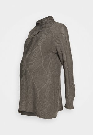 Pull de maternité marron en maille à manches longues avec col montant et motifs géométriques texturés, conçu pour le confort et l'élasticité.