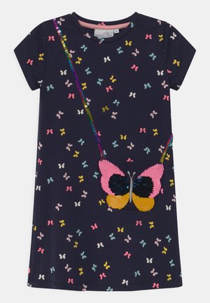 Navy short-sleeve dress features a multicolored butterfly pattern, a sparkly rainbow strap, and a butterfly-shaped, sequined pocket.