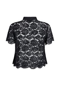 Sort blonde bluse med korte ærmer, blomsterdesign, bølget kant og krave. Gennemsigtig tekstur fremhæver det indviklede design.