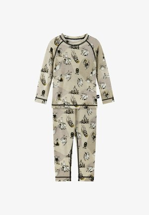 Beżowy zestaw piżamowy dla dzieci, z zabawnym wzorem postaci. Długi rękaw w czarnym wykończeniu i pasujące legginsy. Miękka tkanina.
