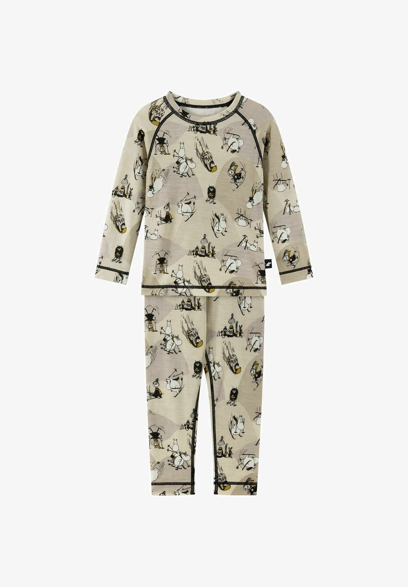 Set di pigiama per bambini in beige, con un motivo giocoso di personaggi. Maglia a maniche lunghe con bordo nero e leggings abbinati. Tessuto morbido.