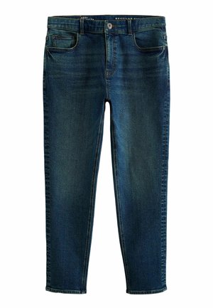 Jeans din denim de culoare albastră închisă, cu o croială regular, cinci buzunare, cusături clasice și un tiv curat, având un ușor efect de decolorare în zonele cheie.