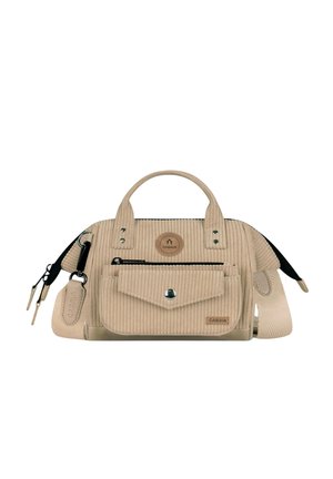 Beige corduroy handbag with two handles, front zipper pocket, snap button flap pocket, and adjustable shoulder strap.