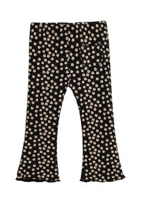 Mustat leveälahkeiset legginsit, joissa on ribbed-tekstuuri ja kermaisen värinen kukkakuosi. Ominaisuuksiin kuuluu elastinen vyötärönauha ja yksi takatasku.