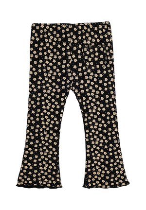 Mustat leveälahkeiset legginsit, joissa on ribbed-tekstuuri ja kermaisen värinen kukkakuosi. Ominaisuuksiin kuuluu elastinen vyötärönauha ja yksi takatasku.