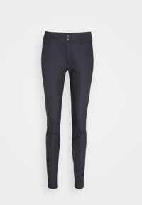 Pantalon noir slim avec passants pour ceinture, fermeture à deux boutons et une texture de tissu propre et lisse.