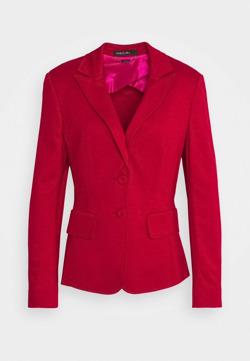 Veste blazer rouge pour femmes, cintrée, équipée de deux boutons à l'avant, d'un col à revers encoche, de poches à rabat et d'une doublure en satin rose à l'intérieur du col.