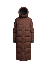 Bruine pufferjas met een lang, recht ontwerp en een capuchon. Gequilt textuur, zijzakken en zwarte mouwmanchetten voor extra warmte.