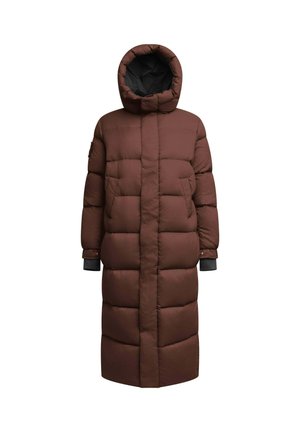 Barna puffernadrág hosszú, egyenes kialakítással és kapucnival. Steppelt textúra, oldalsó zsebek, valamint fekete kézfejek a plusz melegség érdekében.