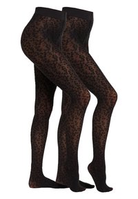 Schwarze blickdichte Strumpfhosen mit Leopardenmuster, ausgestattet mit einem breiten, einfarbigen schwarzen Bund. Glatte Textur mit transparenten Details im gesamten Verlauf.