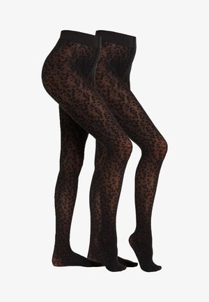 Schwarze, durchsichtige Strumpfhosen mit einem Leopardenmuster, hohe Taille und glatter Textur, kombiniert mit schwarzen High Heels.