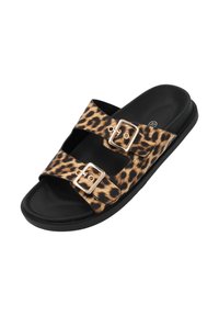 Leopardmuster-Sandalen mit zwei verstellbaren Schnallen, schwarzer Gummi-Boden und weichem Material. Offenes Design mit gepolstertem Fußbett.