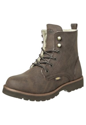 Botte d'hiver marron à lacets avec doublure en fourrure, œillets métalliques et semelle robuste, conçue pour temps froid et usage extérieur.
