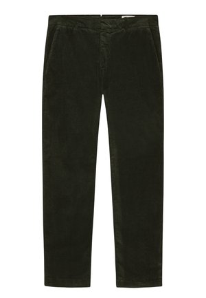 Dunkelgrüne, gerade geschnittene Cordhose mit Vorderseiten Taschen und Bunddetail, auf weißem Hintergrund dargestellt.