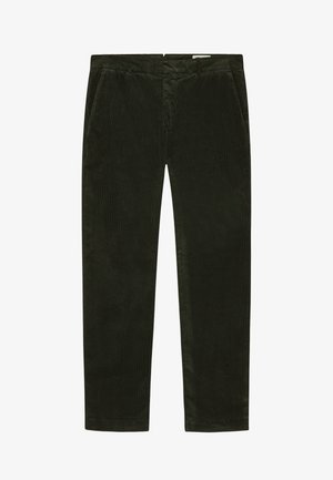 Pantalones de pana verde oscuro de pierna recta con bolsillos frontales y detalle en la cintura, exhibidos sobre un fondo blanco.