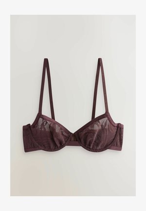 Reggiseno in pizzo bordeaux con supporto a stecche, spalline regolabili e motivo floreale su tessuto trasparente. Accenti in satin lungo la banda.