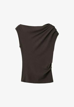 Ärmelloses, dunkelbraunes asymmetrisches Oberteil mit drapiertem Stoffdetail über einer Schulter und tailliertem Schnitt.